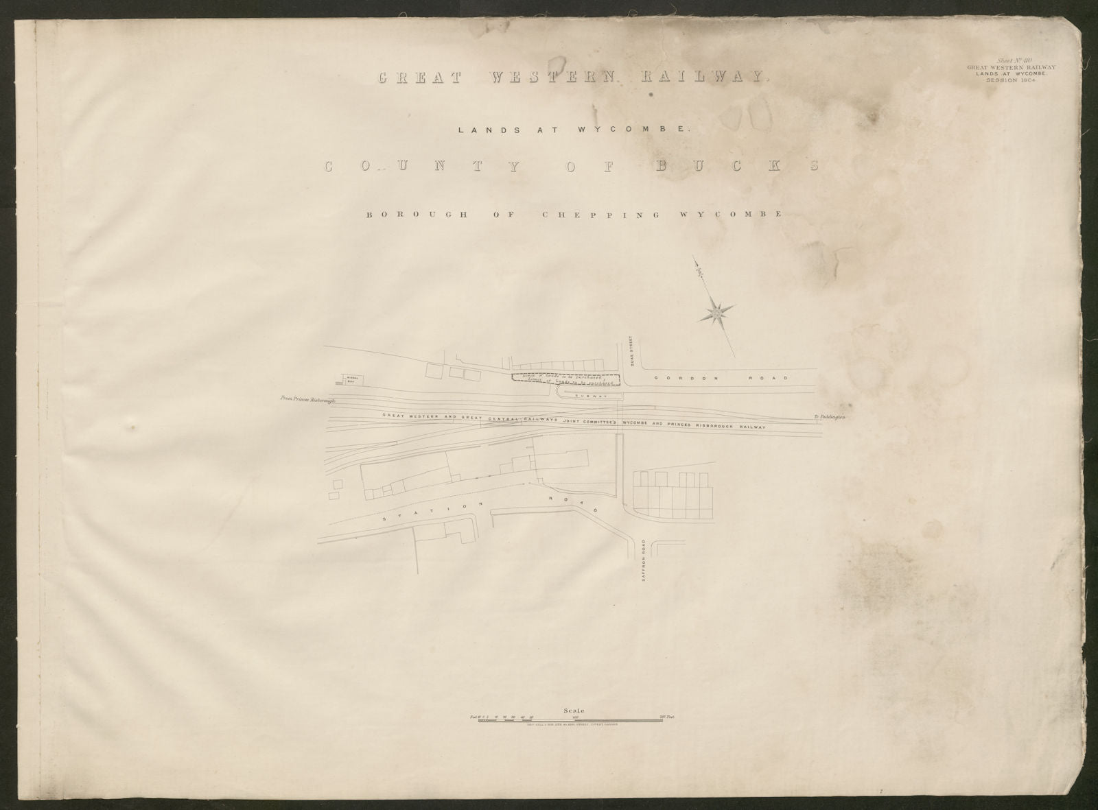 GWR (now Chiltern Railways) plan. High Wycombe Station Road Gordon Road 1904 map